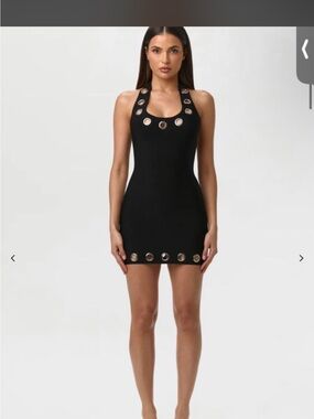 Naked wardrobe Black Mini Dress with Silver Grommet Trim